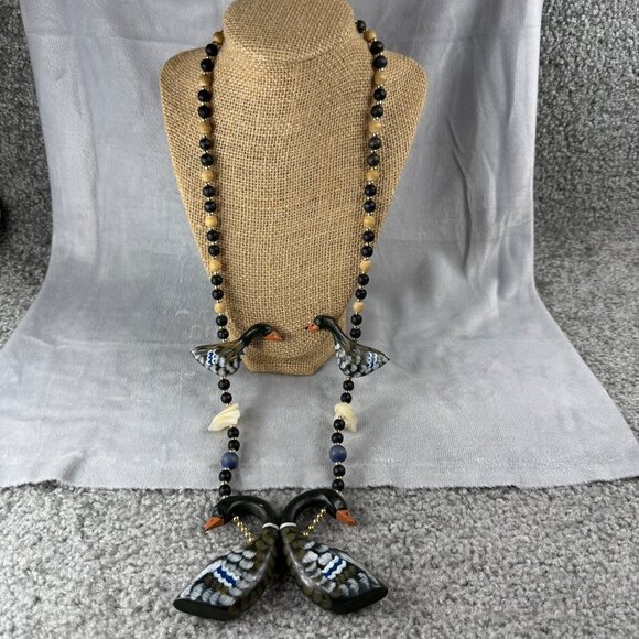 Wood Duck Geese Statement Necklace Beaded Shell Accents Hand Painted Vintage - Picture 4 of 16